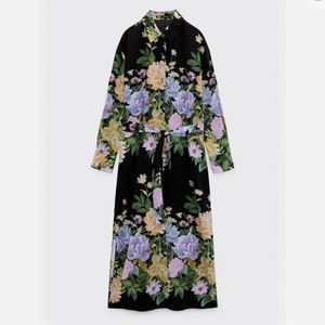 Zara Black Floral Midi Dress with Pastel Lilac & Yellow Blooms